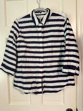 Chico's Navy and White Striped Button-Front Shirt